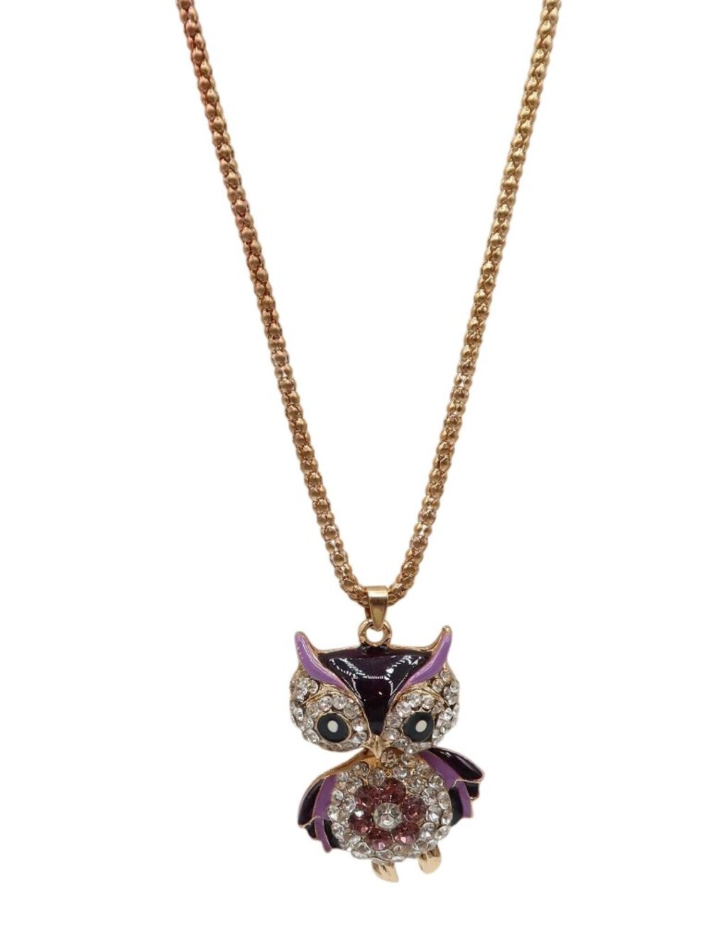 Crystal Rhinestone & Enamel Puffy Owl Pendant Gold Tone Necklace Purple